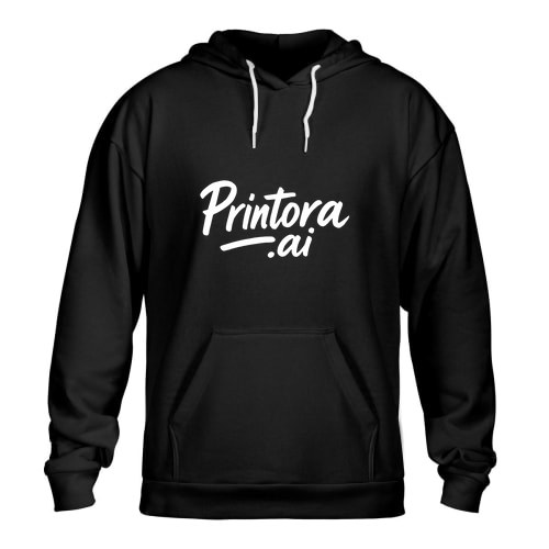 Black hoodie printed with the Printora.ai logo
