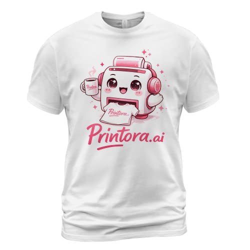 White t-shirt printed with the Printora mascot